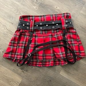 Tripp NYC Plaid Midi Skirt with Cloth suspenders